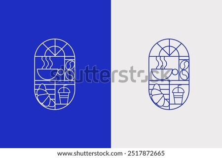 Coffee Logo with line art style icon design template vector. Retro style.  Vector illustration for Bakery and Coffee shop. Icons. Coffee bean, cup of coffee and croissant.