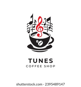 coffee logo and musical notes. Suitable for use in cafes or coffee shops. Logo in a simple modern style. Logo with white isolated background