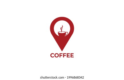 Coffee Logo On Round Pin Map Sign, Creative And Modern Coffee Shop Icon. Vector Logo Template