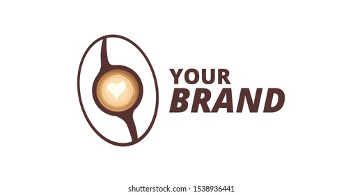 Coffee logo for coffee products and beverages brand including coffee bean illustration combined with cappuchino illustration and love symbol