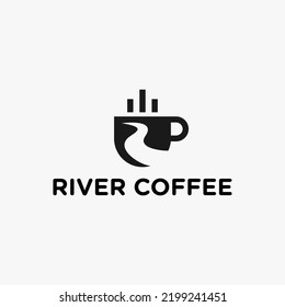 coffee logo with river and coffee cup icon vector illustration template