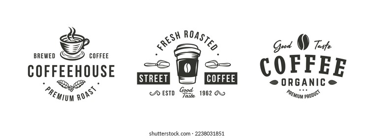 Coffee logo set. 3 coffee emblems with Scoops, Coffee Bean, Cups icons. Cafe, Restaurant, Coffee Shop emblems templates. Vector illustration