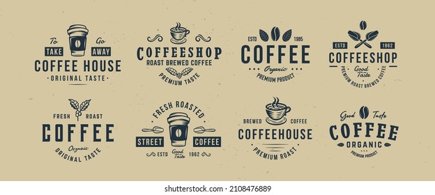 Coffee logo set. 8 coffee emblems. Trendy hipster design for cafe, restaurant. Logo with Coffee Beans, mug, cup. Vector illustration