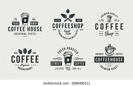 Coffee logo set. Collection of Coffee emblems, labels for cafe, coffee shop, restaurant design. Coffee cup, bean, scoops. Vector illustration