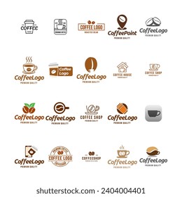 Coffee logo set. Premium espresso icons collection. Cafe Latte hot drink mug symbols vector illustrations.