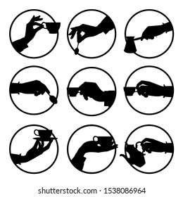 Coffee logo. Silhouettes of hands held in a circle a cup of coffee, a coffee spoon, a coffee pot, an arab turk. Vintage prints stylized drawing. Vector illustration