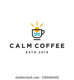 coffee logo with sun rise and sea water in modern line outline style vector icon template