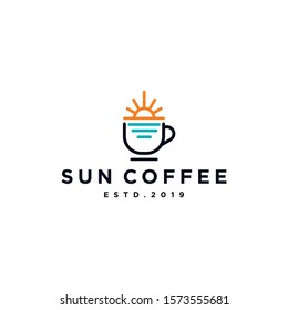 coffee logo with sun rise and sea water beach coast in modern line outline style vector icon template
