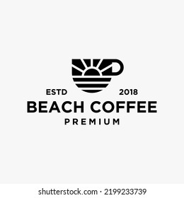 coffee logo with sunrise and sea water beach in modern line style vector icon template