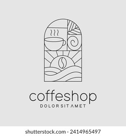 coffee logo with sunrise and sea water beach in modern line style vector icon template