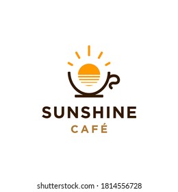 coffee logo with sunrise, sunset and sea water in modern outline line art style vector icon template , for cafe resto business