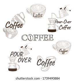 Logo del café, etiqueta, emblema. Etiqueta de dibujo manual para empaque de café, menú, café, restaurantes. Vierta el café que se está preparando. Dibujo de dibujo de ilustración vectorial. 