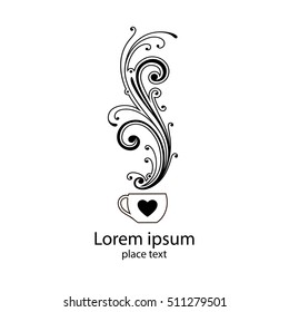 COFFEE LOGO TEMPLATE. Black coffee cup on white background. Idea for design. Hot drinks mug with heart Logotype concept. Vector illustration. 