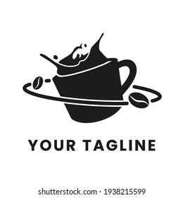 la plantilla del logotipo del café consiste en una taza de café y un anillo planetario con granos de café