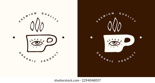 Coffee logo template. Mug icon with eye. Latte aroma symbol. Espresso hot drink cup sign. Arabica cappuccino emblem. Vector illustration for shop, cafe. Mystical theme of design.