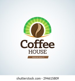 Coffee logo template on circle green background. Cafe house logotype template. Cafe emblem sign. Cafeteria symbol. Vector illustration.