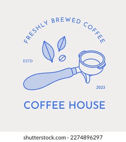 Coffee logo template. Portafilter, coffee bean, and coffee leaves. Line art. Vector illustration for coffee shops, cafes, and restaurants.