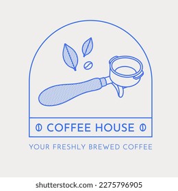 Coffee logo template. Portafilter, coffee bean, and coffee leaves. Line art. Vector illustration for coffee shops, cafes, and restaurants.