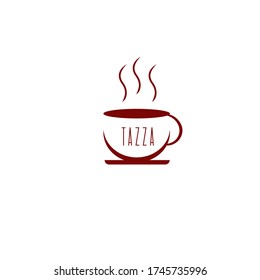 Kaffee-Logo-Vorlage mit stilisierter Tasse. Isolieren Sie auf einem weißen Hintergrund. Der ungefähre Name der Firma wird auf einer Tasse Kaffee gezeigt.