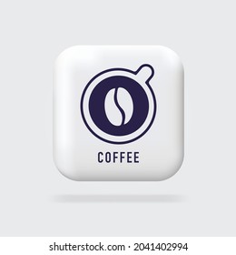 Coffee logo. Top view of coffee cup with grain image. 3d logo sign. Volumetric sign. Web banner, signs. Isolated vector illustration.