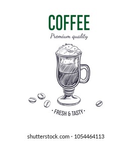 Coffee logo. Vector hand drawn emblem, label