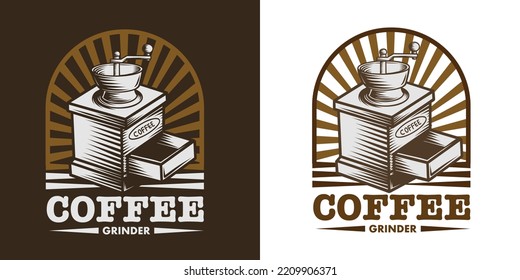 Coffee logo vector illustration, Coffee Grinder emblem design on black and white background. Vintage Retro