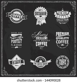 Coffee Logo Vintage Shop Stamp Cafe Design Border Seals Chalk Set Of Coffee Shop Sketches And Text Symbols On A Chalkboard Coffee Logo Vintage Shop Stamp Cafe Design Border Seals Chalk Espresso Classi