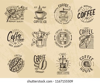 Coffee logos. modern vintage elements for the shop menu. Vector illustration. design decoration collection for badges. calligraphy style for frames, labels. engraved hand drawn in old sketch.