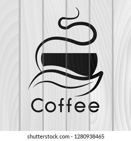 Coffee logotype. Stylized coffee cup icon on wooden background. Vector illustration