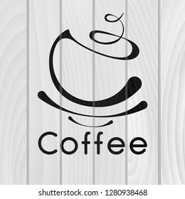 Coffee logotype. Stylized coffee cup icon on wooden background. Vector illustration