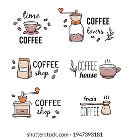 Coffee logotype template with hand drawn coffeemaker, grinder, coffee bean elements. Doodle sketch style. Vector illustration for coffee shop, cafe, restaurant logo, icon.