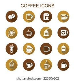 coffee long shadow icons, flat vector symbols