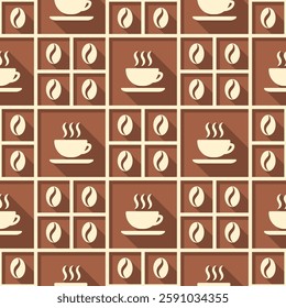 Coffee long shadow vector seamless pattern. Beige cups and beans on brown background.