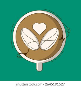 Coffee Love Art: Uma ilustração meticulosamente trabalhada revela uma xícara de café quente e convidativa adornada com uma arte em forma de coração em café, mostrando um profundo amor pelo grão de café.