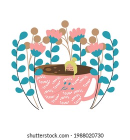 Coffee love concept. A tiny girl takes a bath in a coffee mug among flowers. Vector illustration 
