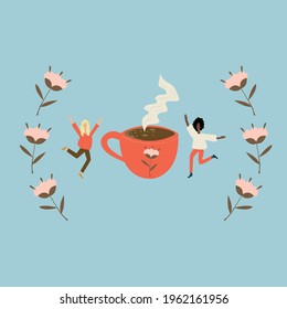 Coffee love concept. Two tiny girls are dancing around the coffee mug and around the design flowers. Vector illustration 