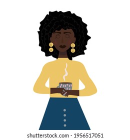 Coffee love concept. Vector illustration of a woman who holds a mug of coffee in her hands. 
