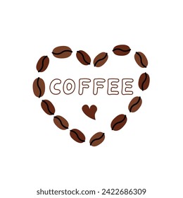 Dibujo vectorial de doodle de amor al café. Granos de café con forma de corazón. Composición de diseño dibujada a mano.