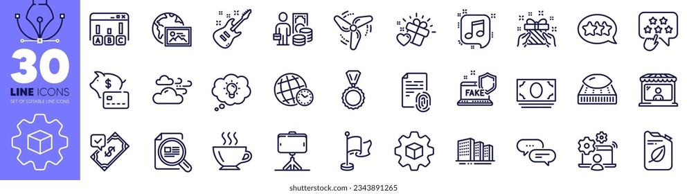 Coffee, Love gift and Online job line icons pack. Medal, Selfie stick, Musical note web icon. Check article, Canister, Dots message pictogram. Buildings, Time zone, Windy weather. Vector