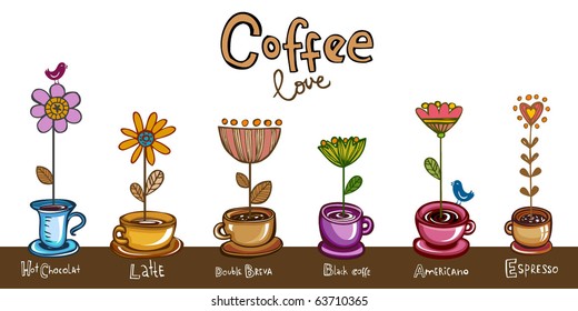 Coffee love, Greeting card, six different coffee cups with flowers
