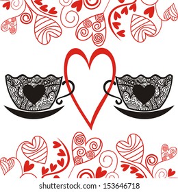 Coffee love heart pattern ornament cups vector illustration