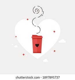Coffee With Love. Hot drink in a cup. Valentine's day. 14 February. Flat design. Red. Eps 10