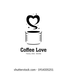 Coffee love logo, coffee mug logo with love shape aroma icon symbol