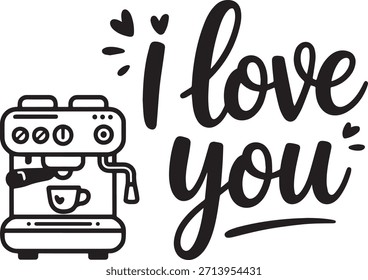 Nota: Un gráfico caprichoso captura la esencia del amor por el café, con una encantadora máquina de café espresso y el mensaje Te amo.  Abrazando la calidez y la conexión a través de la cultura del café.