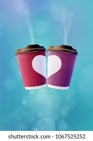 Coffee Love Poster Template. Pink and Violet Ripple Cups with a White Heart on a Blue Sky Background