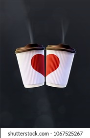 Coffee Love Poster Template. White Ripple Cups with a Red Heart on a Black Background