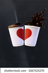 Coffee Love Poster Template. White Ripple Cups with a Red Heart and Splash on a Black Background