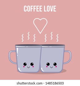 Coffee love quote. Kawaii mugs in love with hearth above. Vector illustration. Concept for coffee shop advertisement, poster, flyer, card, logo, valentine. Cartoon style drinks. Cute smiling faces.