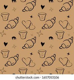 Coffee love seamless pattern, editable. Hand drawn sketch style isolated elements of cup, brioche, hearts, stars, ice cream ball, lettering italian text 'ti amo' - i love you. Craft backgroud. Vector