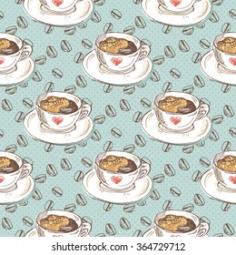 Coffee love seamless pattern; vector illustration with sketch cup and beans in doodle style; decoration for cafe menu, posters, postcards, packaging